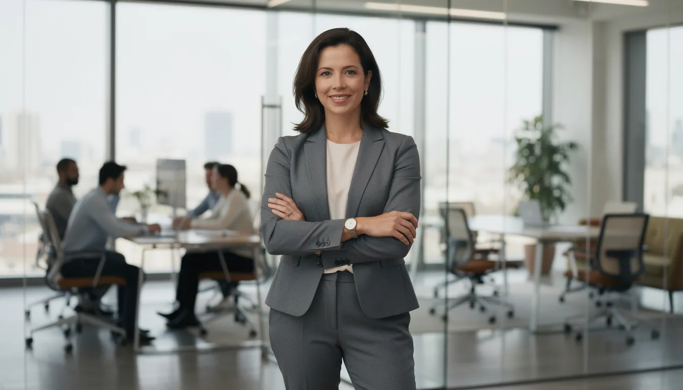 A confident female small business owner stands in a sleek, modern office, radiating success after securing business funding. In the background, her small team collaborates at desks, while the bright, airy space reflects a professional and aspirational atmosphere, emphasizing themes of business growth and financial stability.