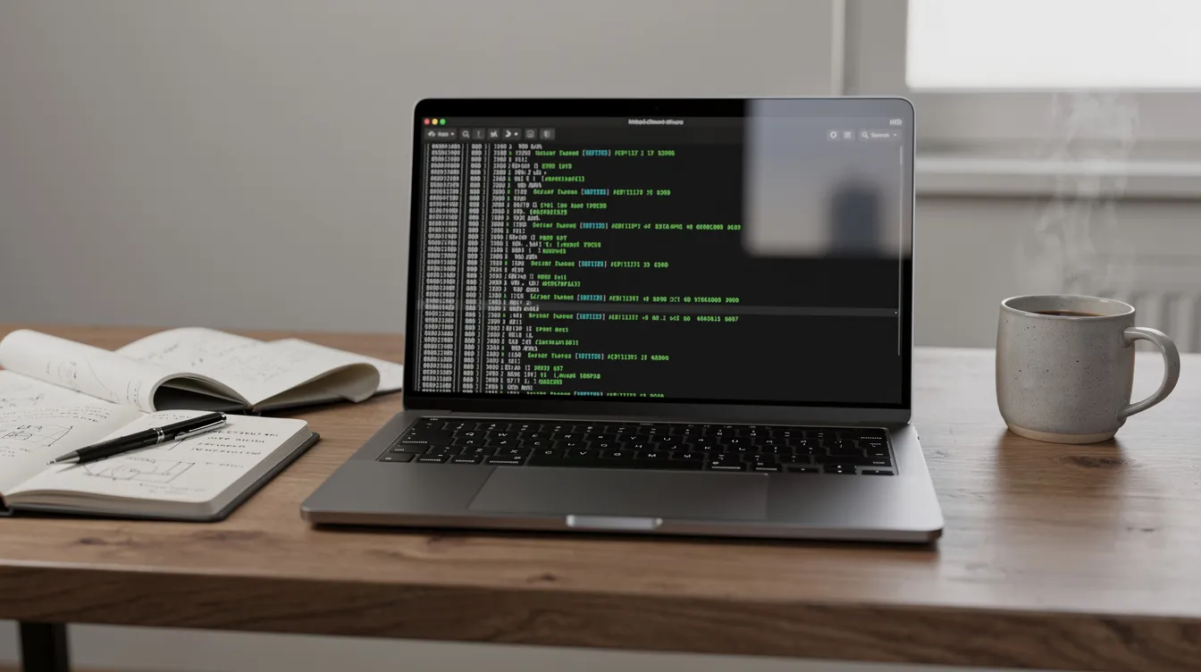 A laptop sits on a desk displaying a terminal window filled with network logs, indicating ongoing threat detection and security operations. Surrounding the laptop are notebooks and a coffee mug, suggesting a workspace dedicated to information security analysis and vulnerability management.
