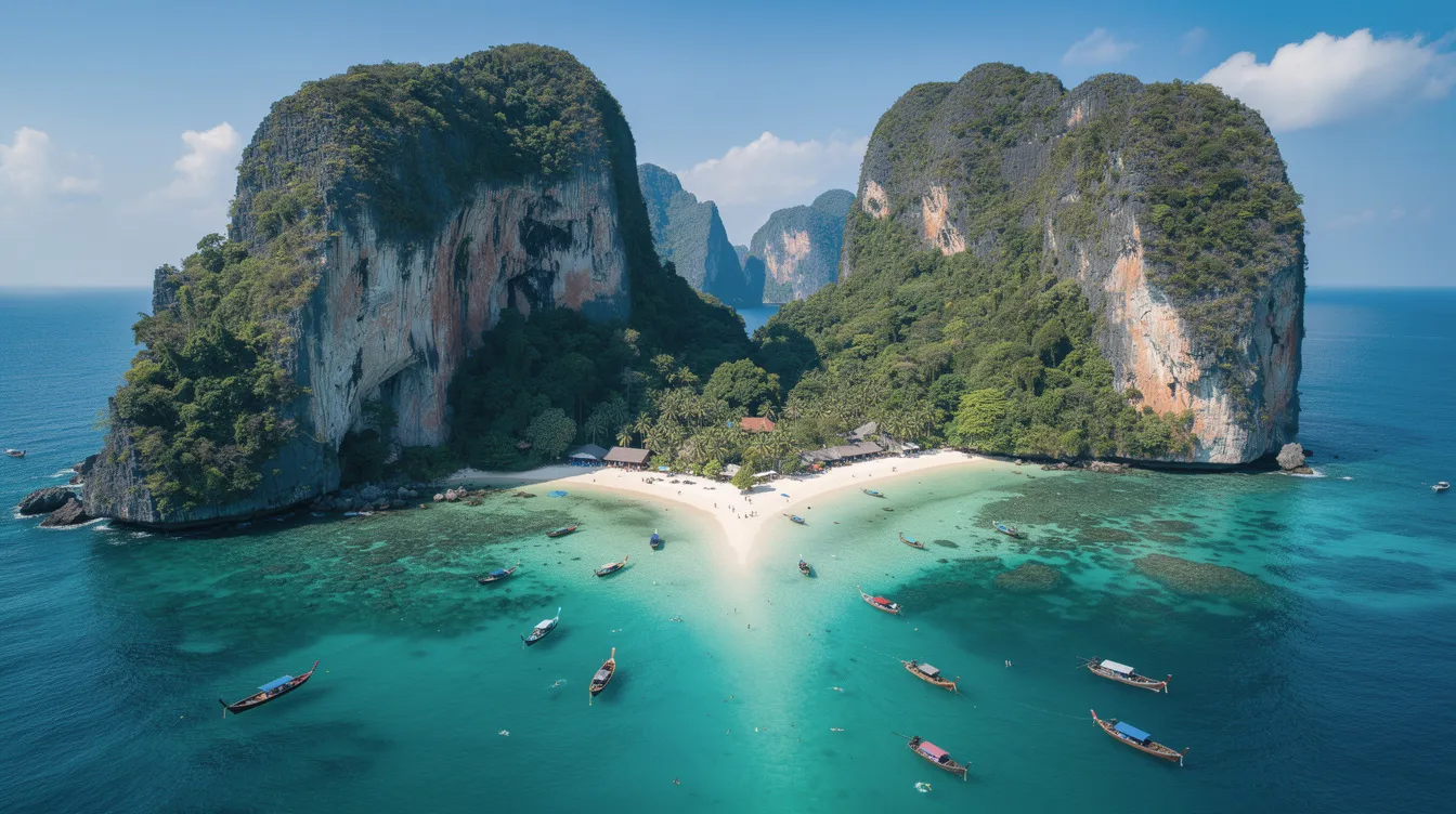 A imagem mostra a deslumbrante ilha de Koh Phi Phi, na Tailândia, com suas águas cristalinas e formações rochosas impressionantes. Ao fundo, há pessoas aproveitando a praia, enquanto barcos de madeira navegam nas águas azul-turquesa, criando um cenário paradisíaco que atrai turistas do mundo todo.
