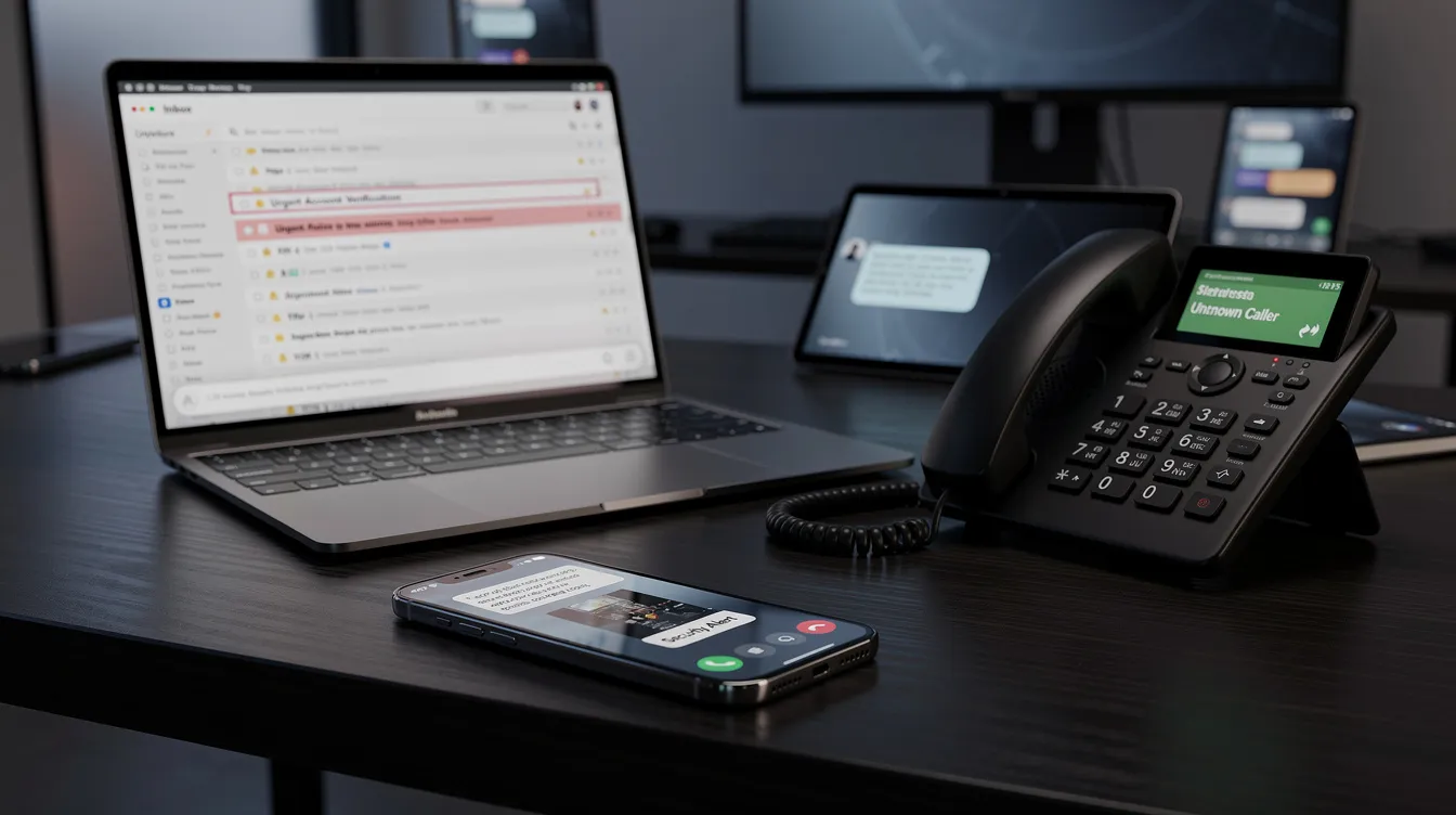 The image depicts a desk cluttered with various communication devices, including a smartphone, laptop, and desk phone, symbolizing the multi-channel communication threats posed by cyber attacks. These devices represent potential attack vectors for phishing campaigns and other cyber threats that could compromise sensitive data and security.