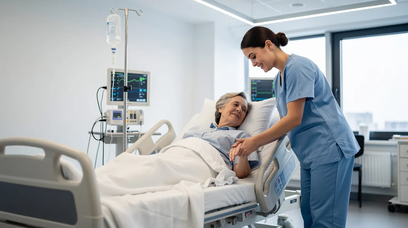 The image shows a compassionate nurse in scrubs attending to an elderly patient in a modern hospital ward, highlighting the caring environment essential for quality healthcare. This scene reflects the important role of nurses in providing support and care, which is crucial for international professionals seeking job opportunities in Germany's healthcare sector.