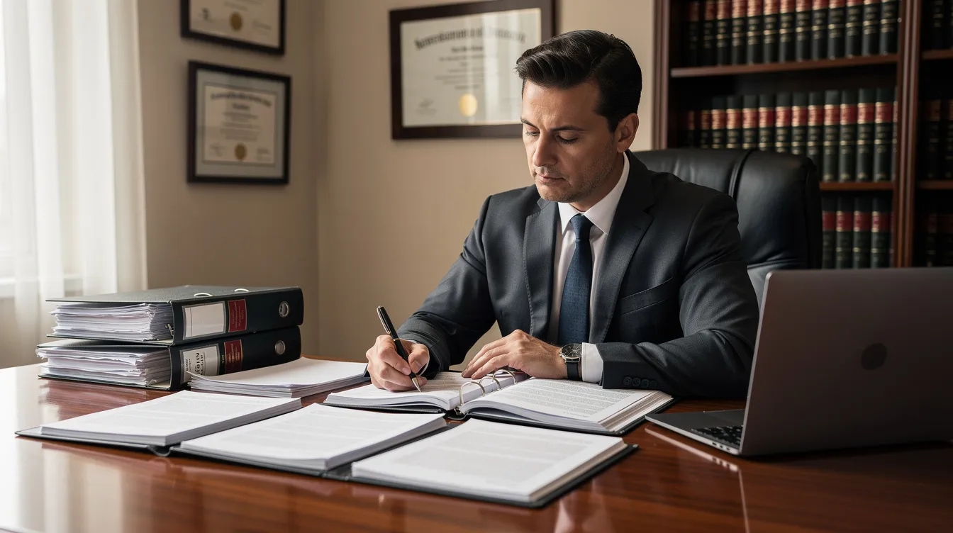 An attorney is seated at a desk, intently reviewing legal documents related to DUI cases, possibly involving Tennessee's implied consent law and the implications of breath test refusals. The office is equipped with legal books and tools, emphasizing the serious nature of DUI charges and the defense strategies necessary for clients facing potential license suspension or other penalties.