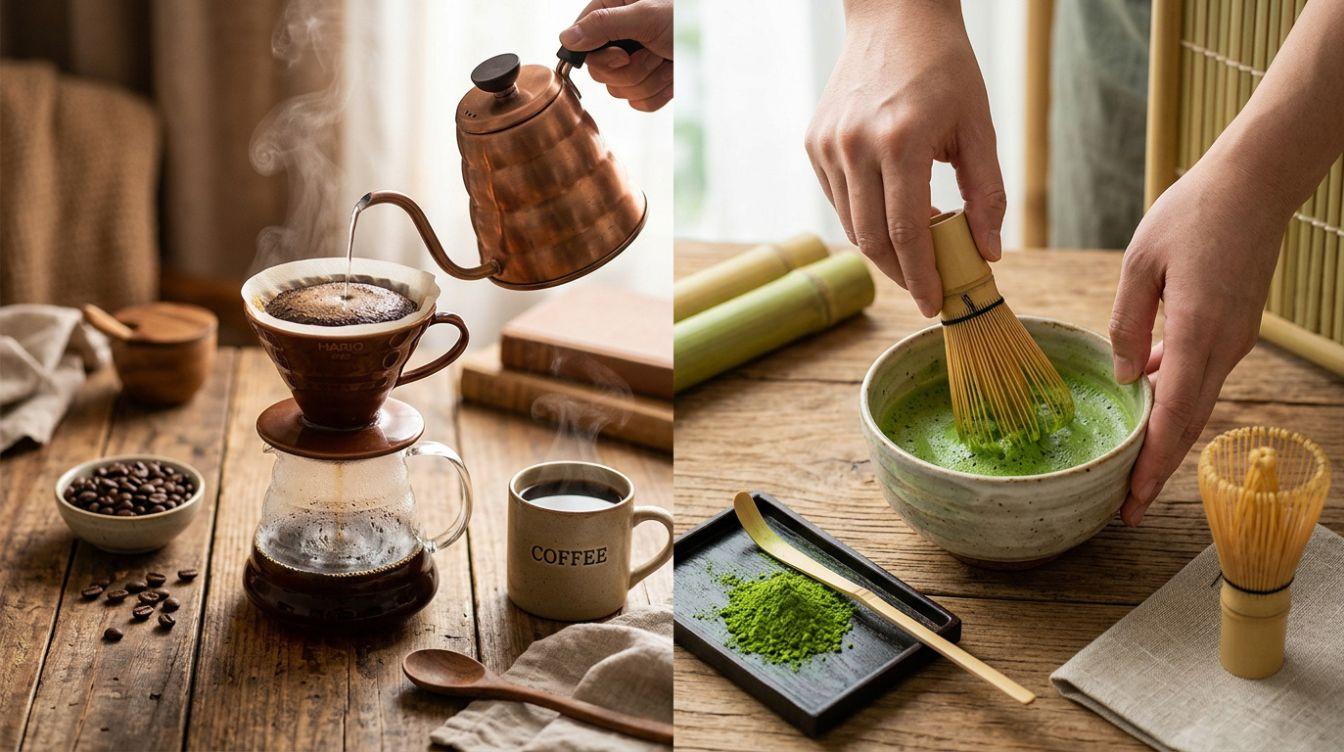 In einem realistischen Café-Szenario sind auf der linken Seite ein Barista zu sehen, der mit einer Glasdripper-Methode frisch gebrühten Kaffee zubereitet, während auf der rechten Seite eine Person in einer traditionellen Matcha-Schale Matcha-Pulver mit einem Bambusbesen (chasen) whiskt. Das natürliche Morgenlicht strömt durch das Fenster und lässt den Dampf von den Tassen aufsteigen, was die authentische Atmosphäre von Kaffee und Matcha, zwei beliebten Getränken, unterstreicht.