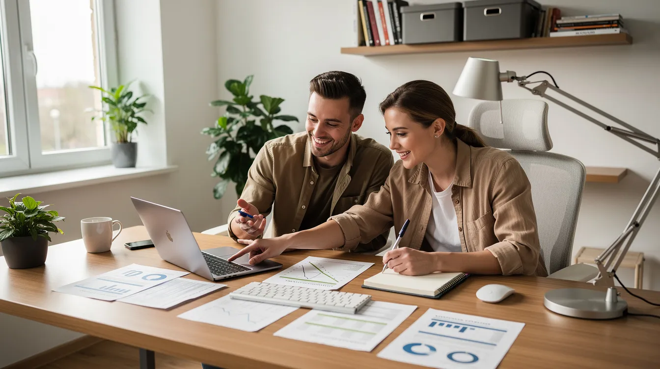 A joyful couple sits at a modern home office desk, happily reviewing financial documents together. The scene captures their collaborative spirit as they discuss details related to loans, such as interest rates and repayment terms.