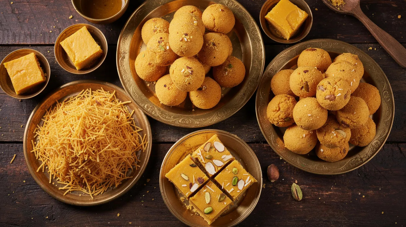 The image showcases a variety of Indian snacks and sweets made from gram flour, elegantly arranged on traditional brass plates. These items highlight the versatility of besan, an important ingredient in the food processing industry, and reflect the rich culinary heritage of India.