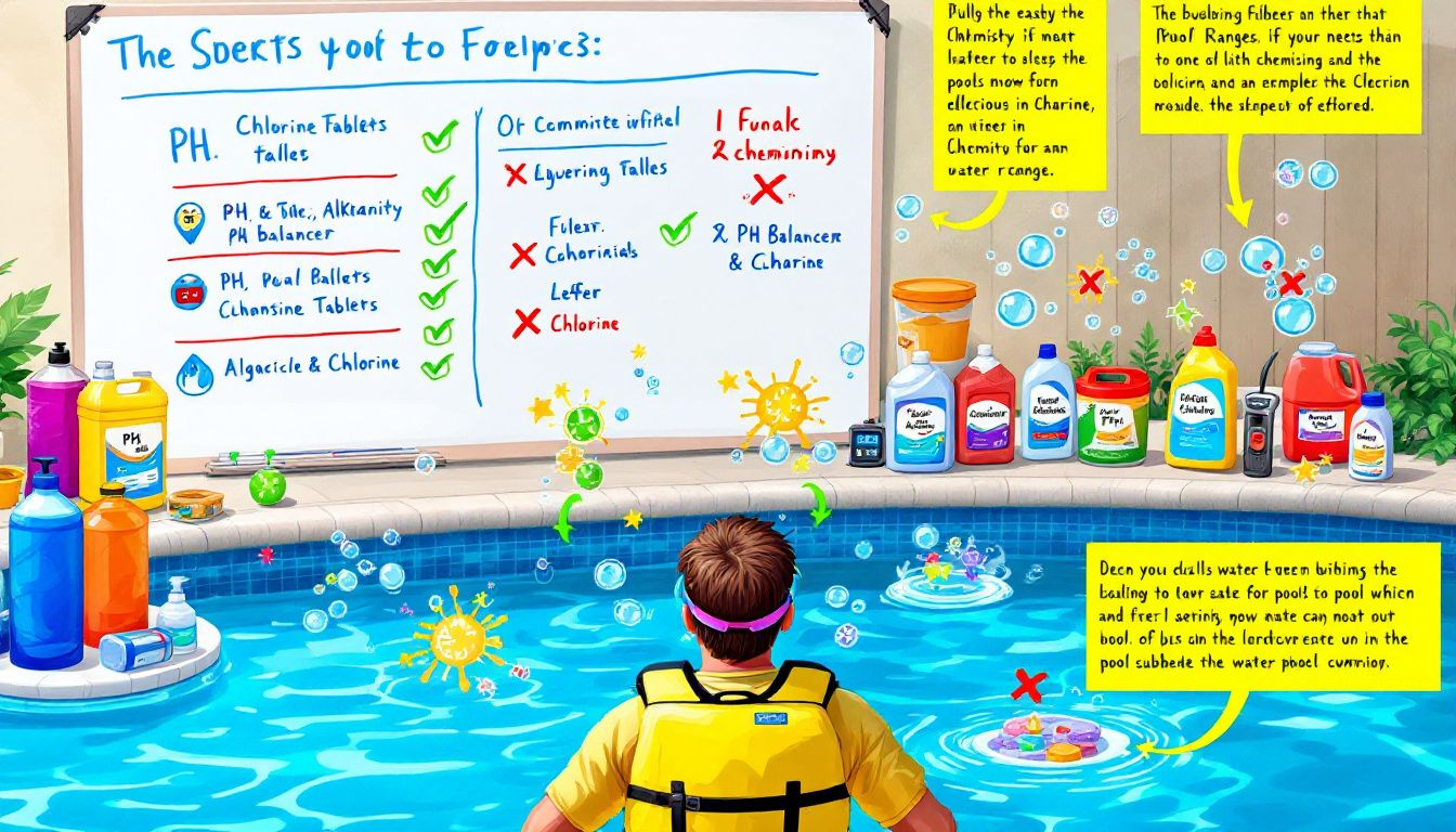 A pool owner maintaining balanced pool water chemistry, with various chemicals and testing equipment visible, ensuring water quality.