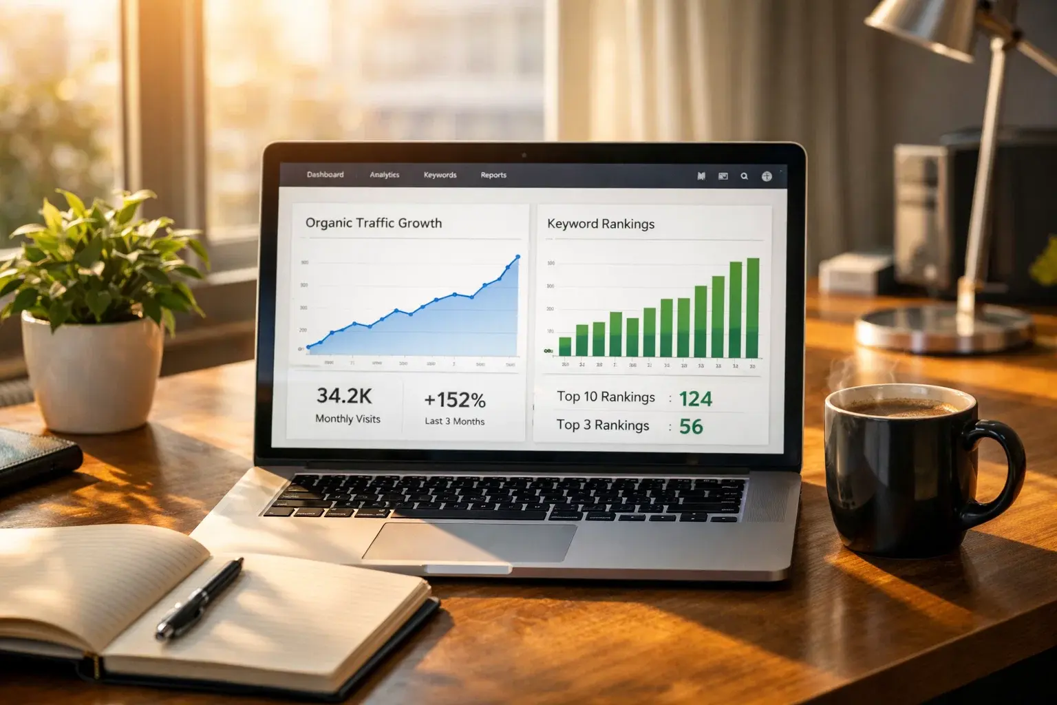 Laptop showing rising organic traffic graph representing long term SaaS SEO growth