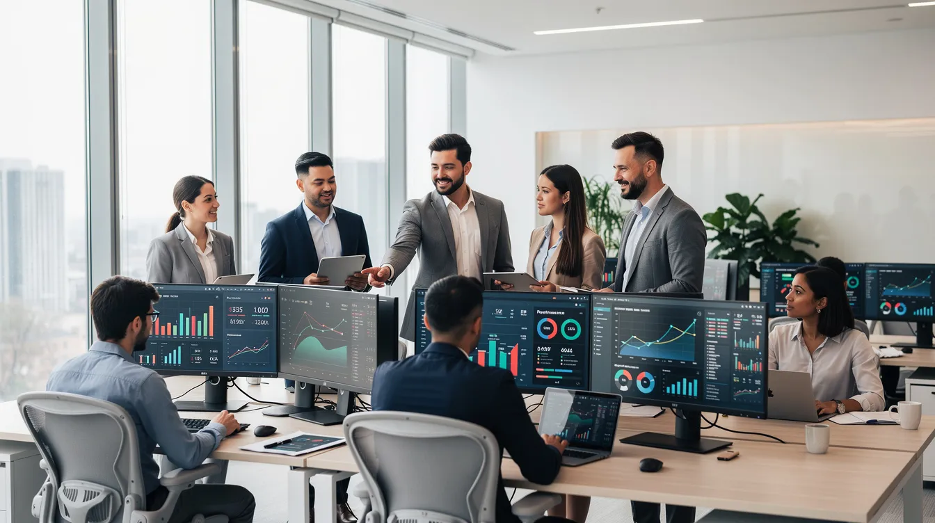 The image shows a modern office environment where professionals are engaged in reviewing financial dashboards displayed on large monitors, focusing on metrics such as monthly recurring revenue and customer acquisition strategies to enhance their subscription business performance. The atmosphere is collaborative, highlighting the importance of analyzing data for revenue growth and customer retention.