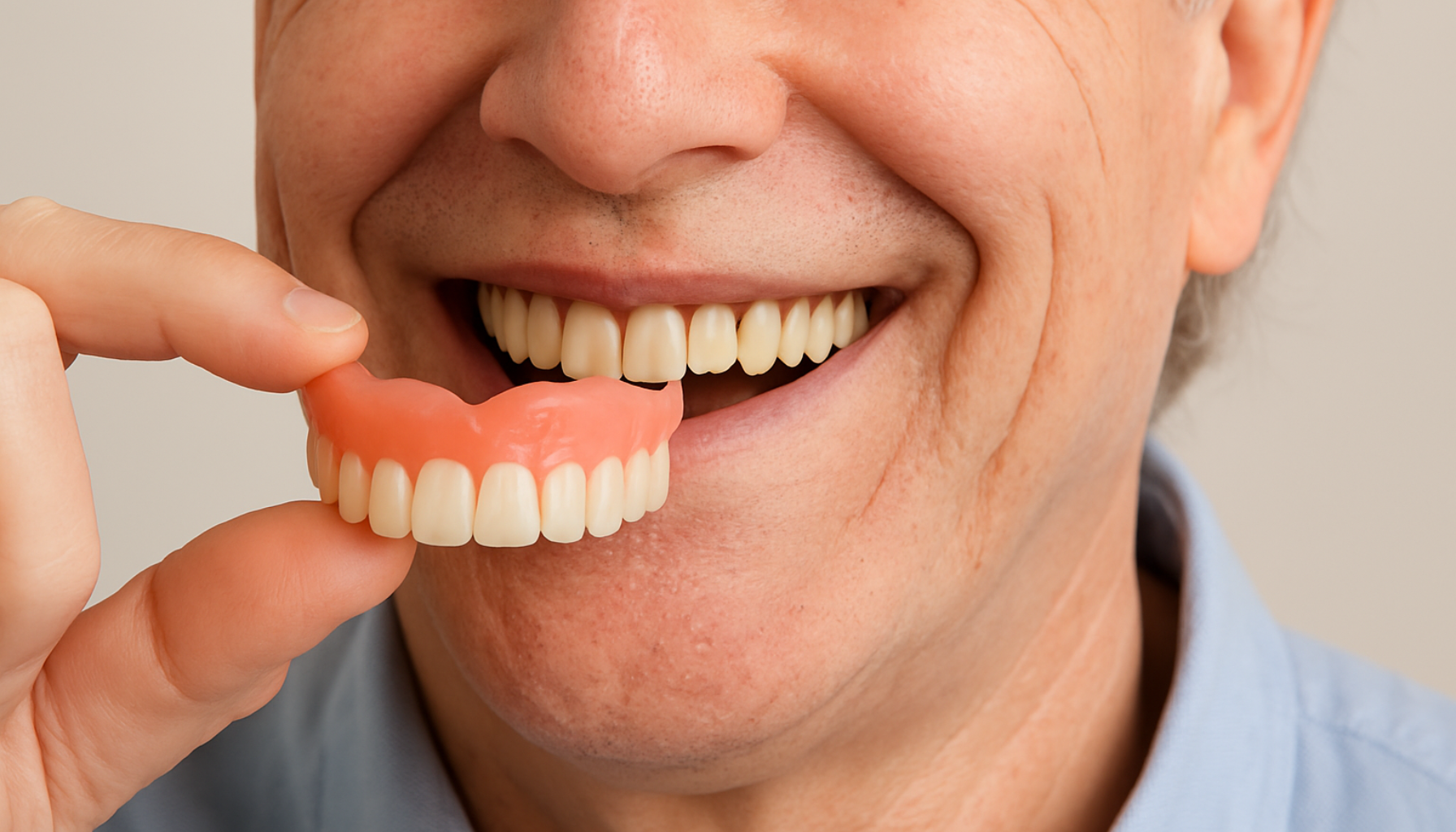 Nærbilde av en mann med skjegg som smiler bredt og viser hvite, rette tenner i godt lys mot mørk bakgrunn.