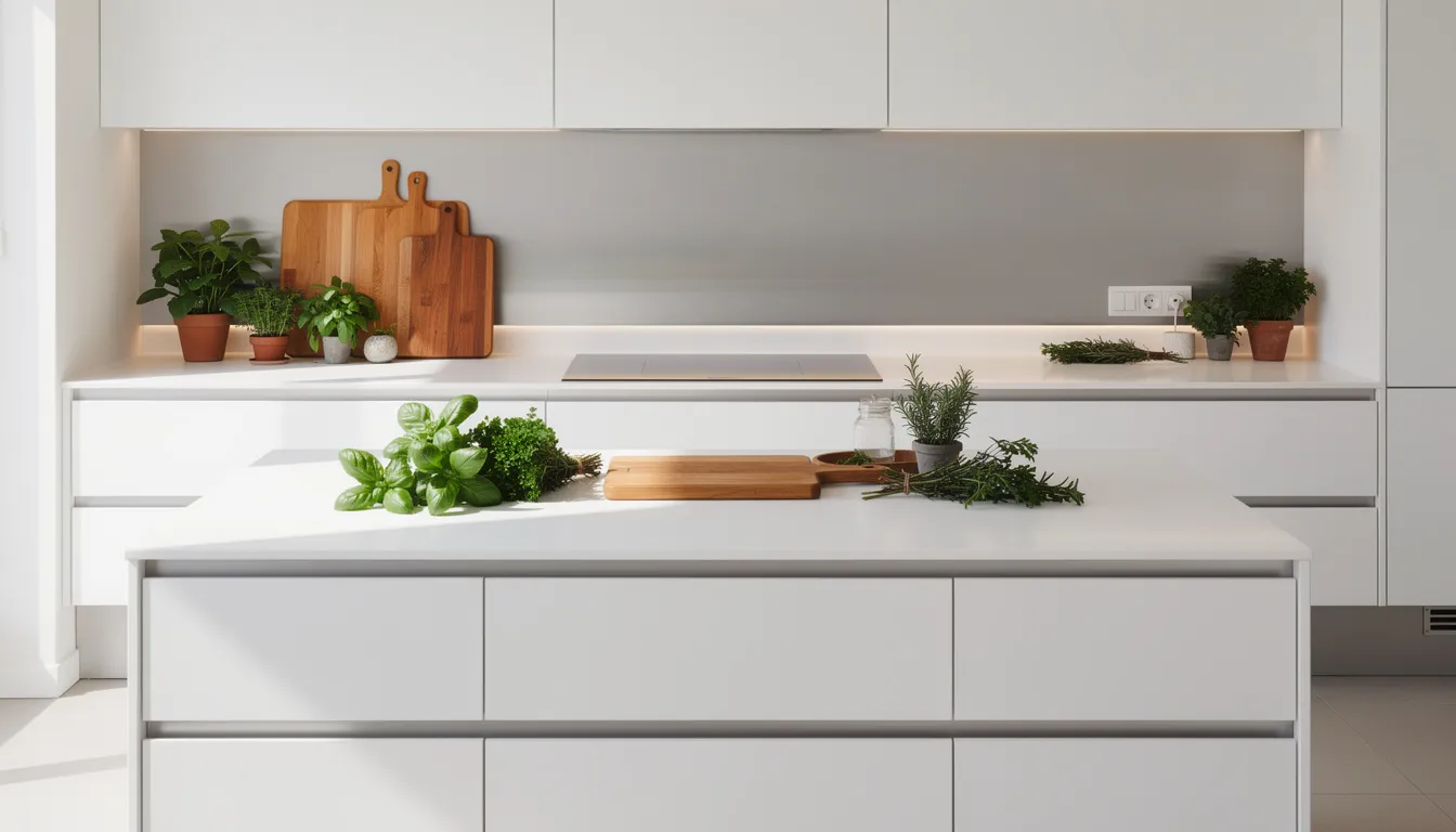 Een moderne keuken met een geborsteld stalen spatwand achter een wit kookeiland, omringd door houten snijplanken en groene kruiden. De stalen wandpanelen geven de ruimte een strakke uitstraling en zijn gemakkelijk schoon te maken.