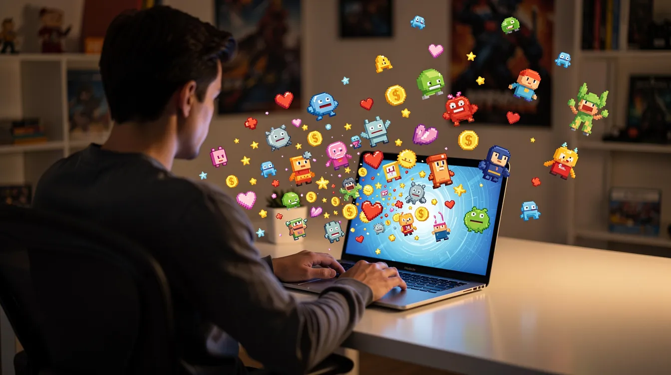 An individual is seated at a desk with a laptop, surrounded by vibrant 2D game characters and pixel art elements that appear to float out of the screen. This scene captures the essence of game development, inviting users to create their own games and explore playable experiences in a fun and colorful environment.