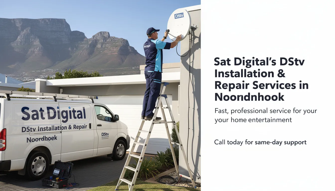 The image showcases Sat Digital’s professional DStv installation and repair services in Noordhoek, featuring skilled technicians setting up a satellite dish for optimal signal reception. The scene emphasizes their commitment to customer satisfaction and affordable pricing for comprehensive DStv installation services.