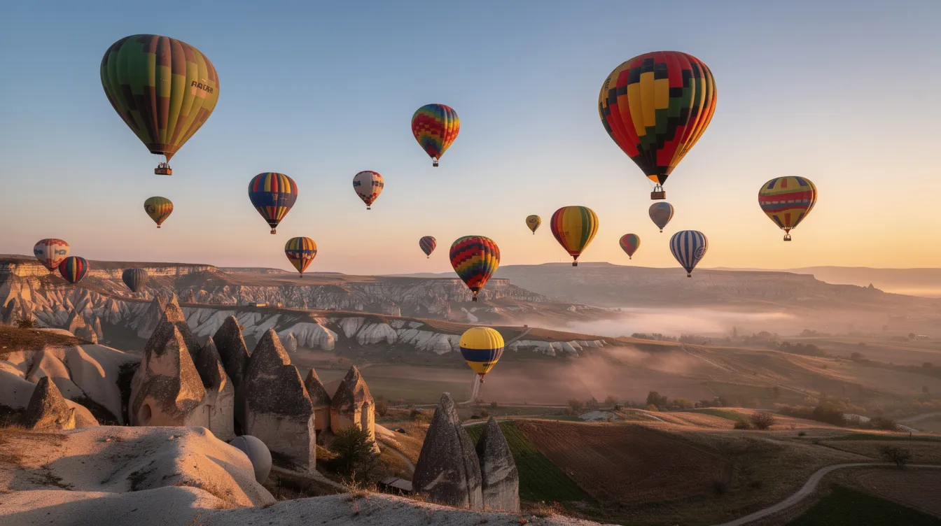 A breathtaking scene of colorful hot air balloons gracefully floating over a rocky landscape at dawn, with the soft light illuminating the unique formations below. This picturesque moment captures the essence of adventure and exploration, reminiscent of the travel experiences that await those holding a valid visa to Turkey from Ireland.