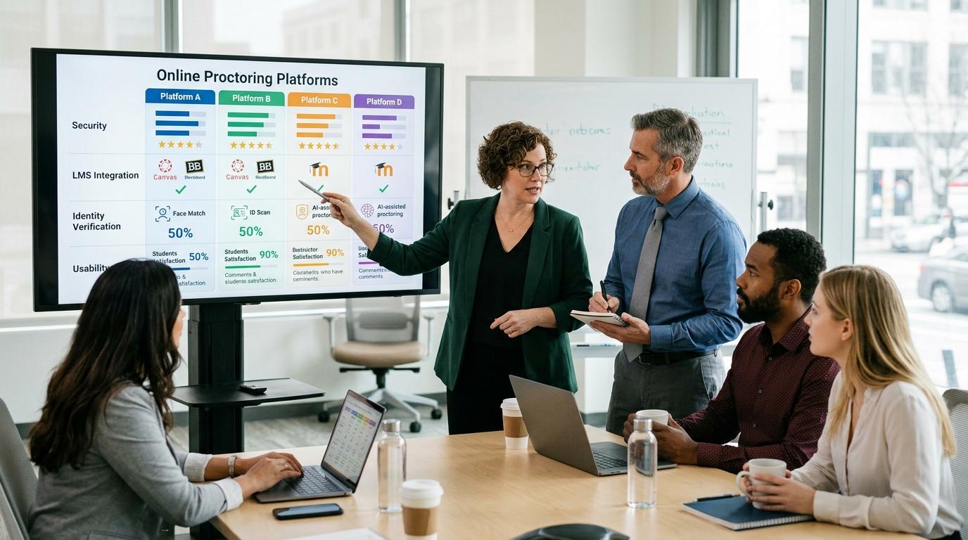 Education professionals evaluating multiple online proctoring platforms using comparison dashboards with security, LMS integration, identity verification, and usability metrics.