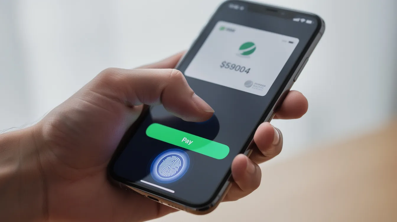 A close-up image shows a person using their smartphone to authenticate a payment through fingerprint recognition, emphasizing the modern payment method for online money transfers. This secure process can be used to send money to Bangladesh or manage funds directly from a mobile wallet.