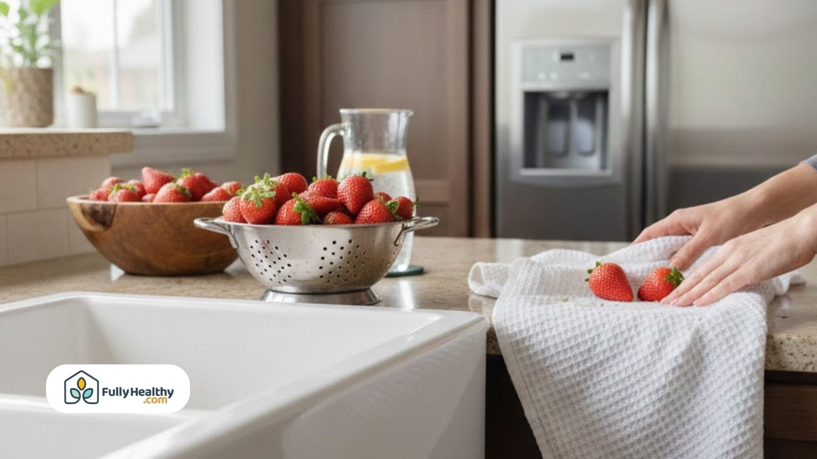 Person drying washed strawberries with a towel beside a colander on the kitchen counter.