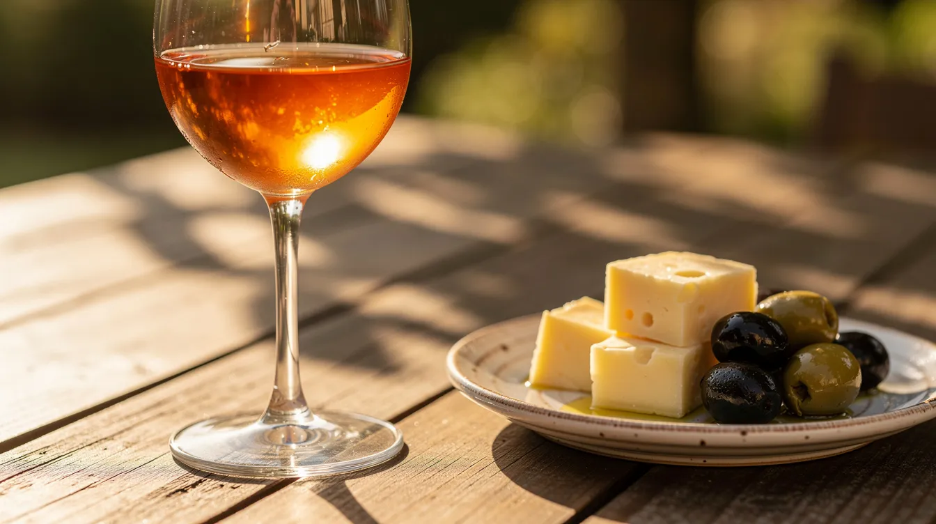 A glass of amber-colored orange wine, likely a pét nat, sits on a sunlit outdoor table beside a small plate of cheese and olives, creating an inviting scene perfect for enjoying refreshing natural wines. The sunlight enhances the wine's vibrant hue, while the accompanying food adds to the appealing atmosphere.