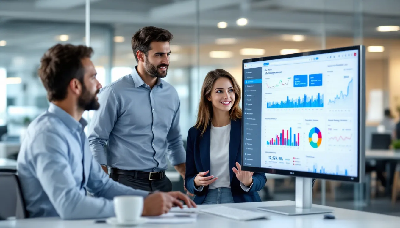 A team of IT professionals is gathered around a conference table, analyzing data management dashboards that display information from multiple data sources. They are focused on ensuring compliance and effective data governance while discussing solutions for managing sensitive data in development and testing environments.