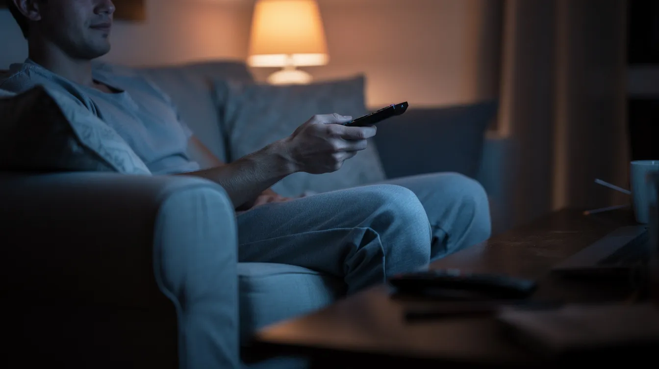 A person is sitting comfortably on a couch in a dimly lit room, holding a television remote, ready to enjoy their favorite live UK channels or international content through their IPTV subscription. The cozy atmosphere suggests a perfect setting for a premium IPTV experience with HD streaming.