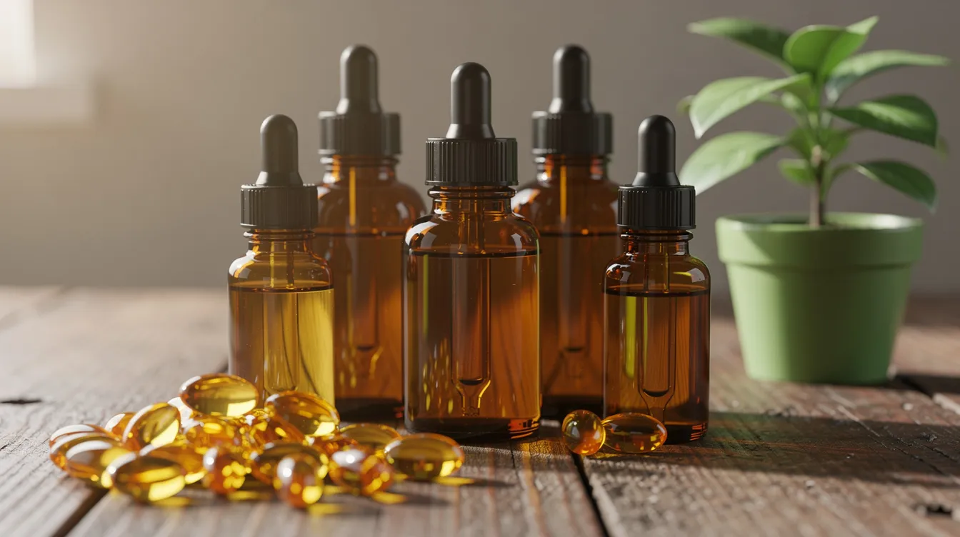 The image features several amber glass bottles of CBD oil and soft gel capsules neatly arranged on a wooden surface, accompanied by a small potted plant. This setup suggests a natural remedy approach for alleviating cold and flu symptoms, highlighting the potential benefits of CBD products in supporting the immune system during cold and flu season.