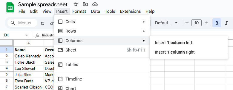 A screenshot of the columns menu in Google Sheets.