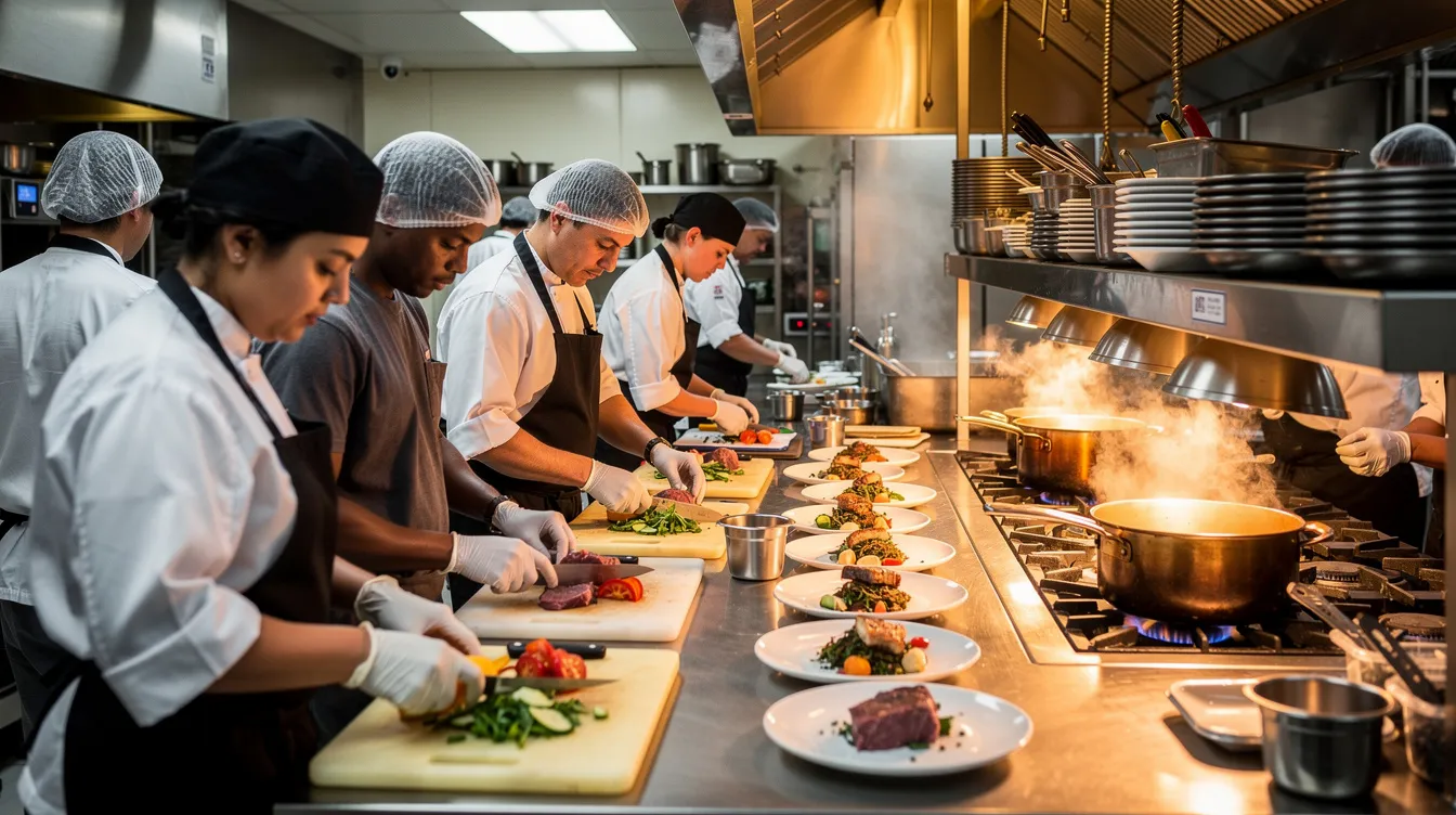 Restaurant staff working together in a commercial kitchen.