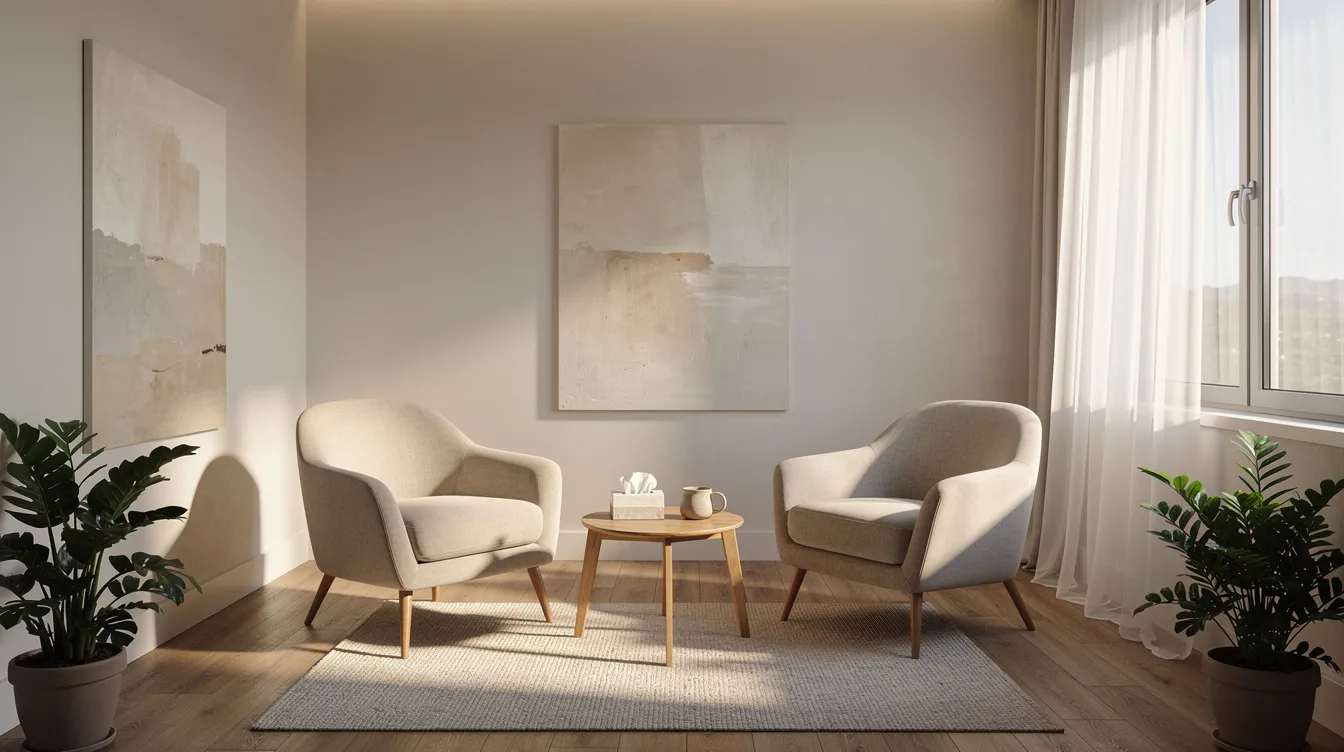 The image depicts a serene therapy office featuring comfortable chairs bathed in natural light, creating a welcoming atmosphere for mental health support. This space is designed for individuals seeking assistance from mental health professionals, fostering a sense of calm and safety for discussions about emotional distress and mental health conditions.