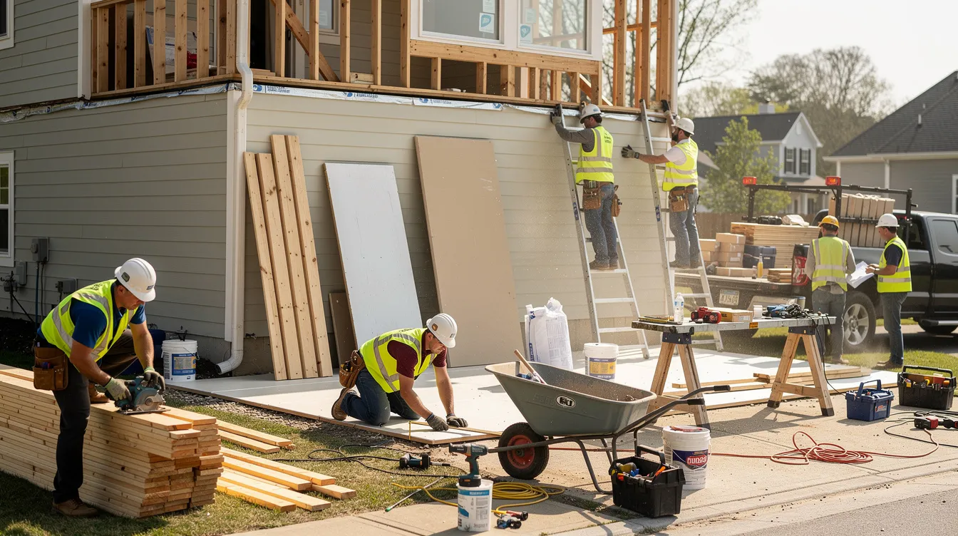 A group of construction workers is actively renovating a residential property, surrounded by various tools and building materials. This scene highlights the importance of home improvements, which can increase a home's value and potentially provide homeowners with more equity for financing options like a home equity line of credit or a home equity loan.