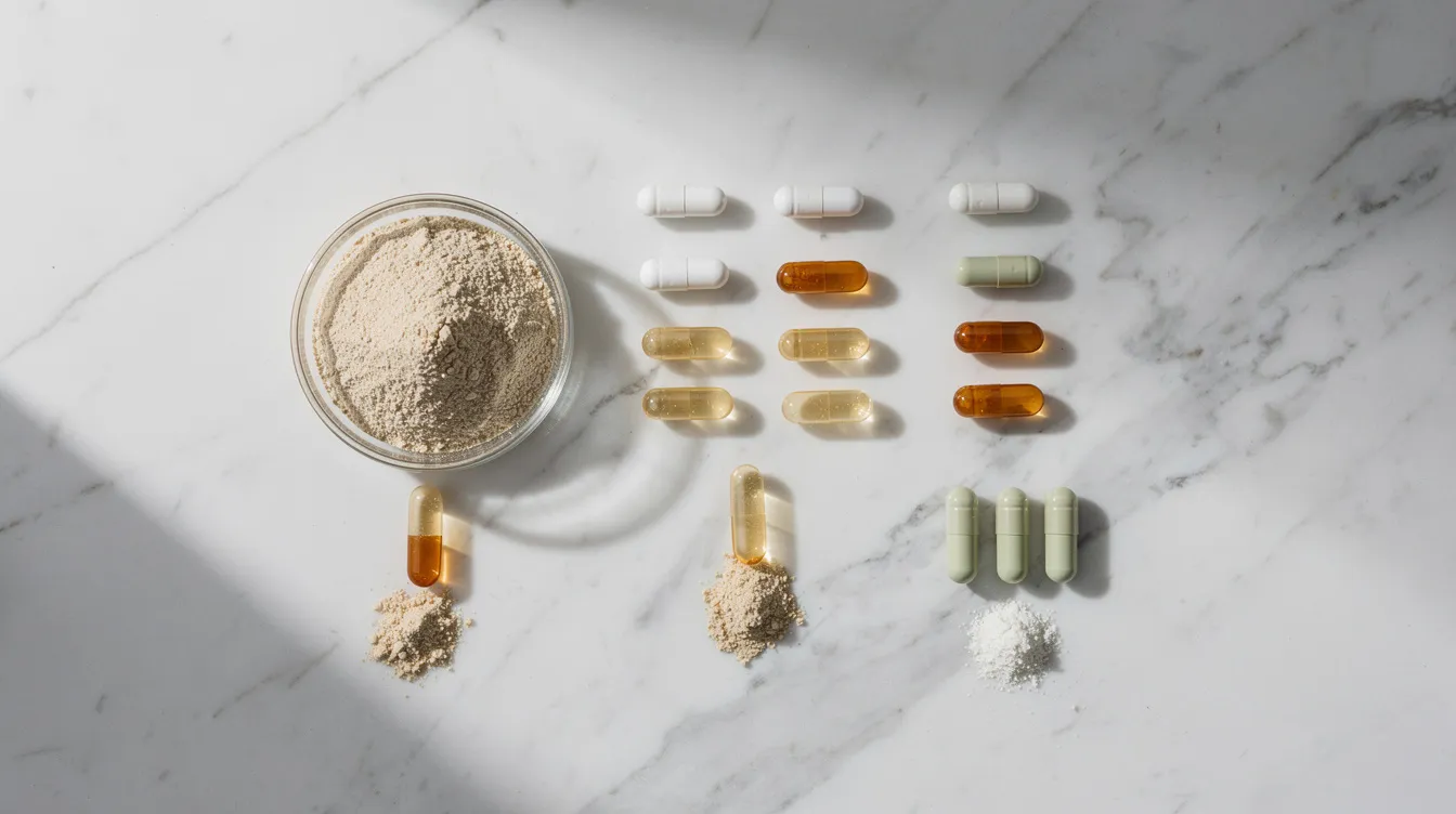 The image features an assortment of supplement capsules and a powder, all neatly arranged on a clean white marble surface, showcasing a variety of shilajit products, including pure Himalayan shilajit and shilajit capsules that emphasize their mineral-rich content and health benefits. This presentation highlights the importance of product quality and rigorous testing for optimal health effects.