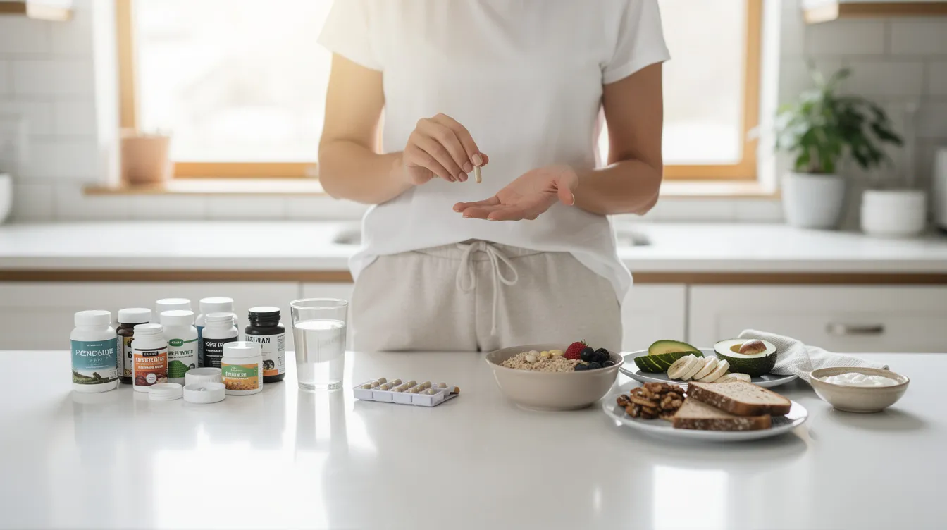 The image shows a person preparing their morning supplement routine, which includes various vitamins and omega-3 fatty acids, alongside a healthy breakfast. This scene emphasizes the importance of supplements like fish oil and vitamin D for supporting cardiovascular health and brain function.