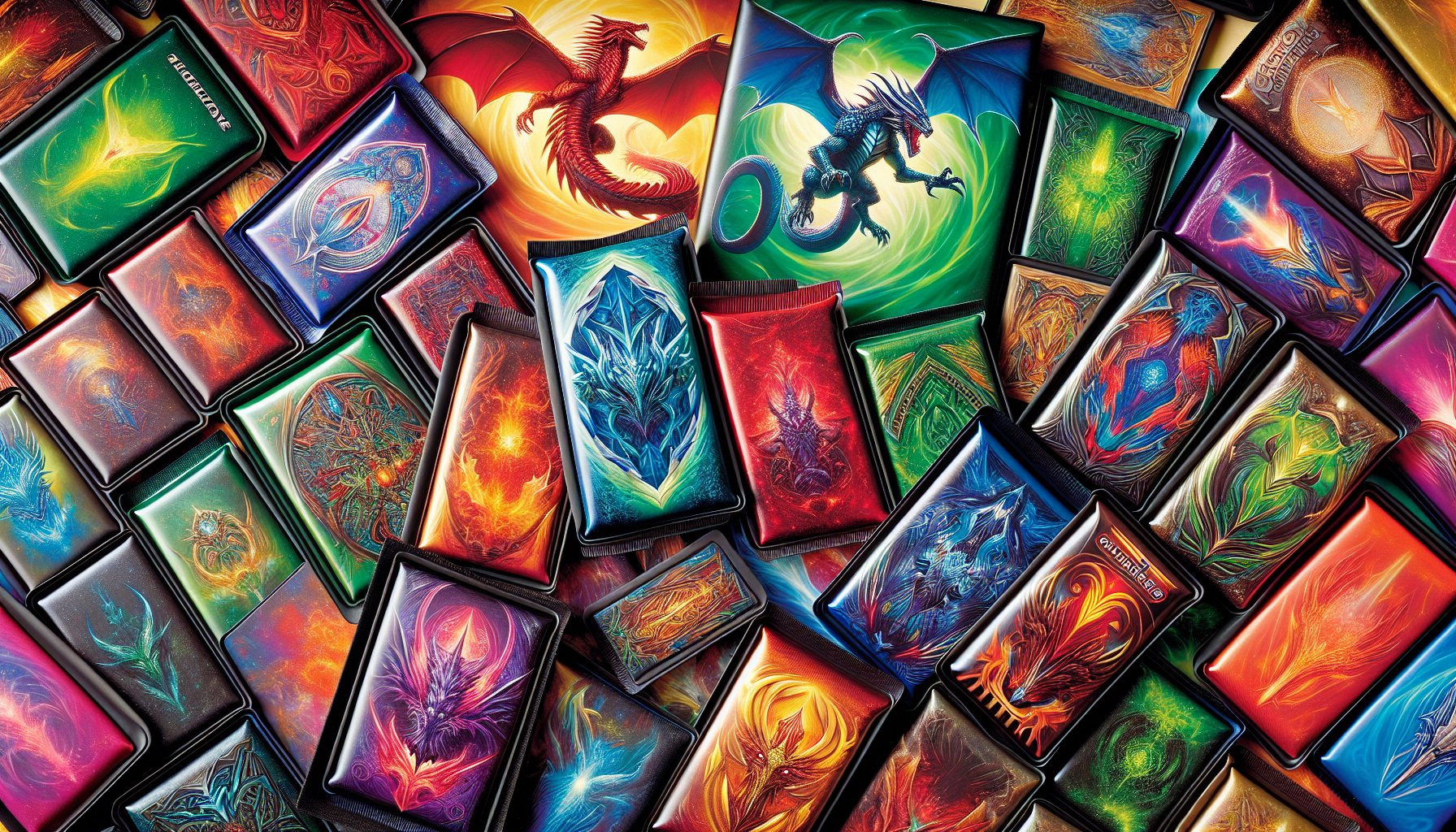 An illustration of popular brands of card sleeves for Magic the Gathering, like Dragon Shields and Ultra Pro.