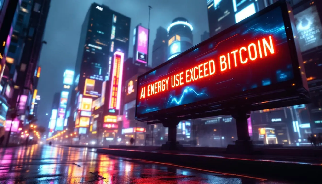 The image depicts a graph illustrating the rising energy consumption of artificial intelligence, emphasizing that AI's energy demands could soon surpass those of bitcoin mining. It highlights the urgent need for tech companies to adopt sustainable practices in their data centers to mitigate environmental impact.