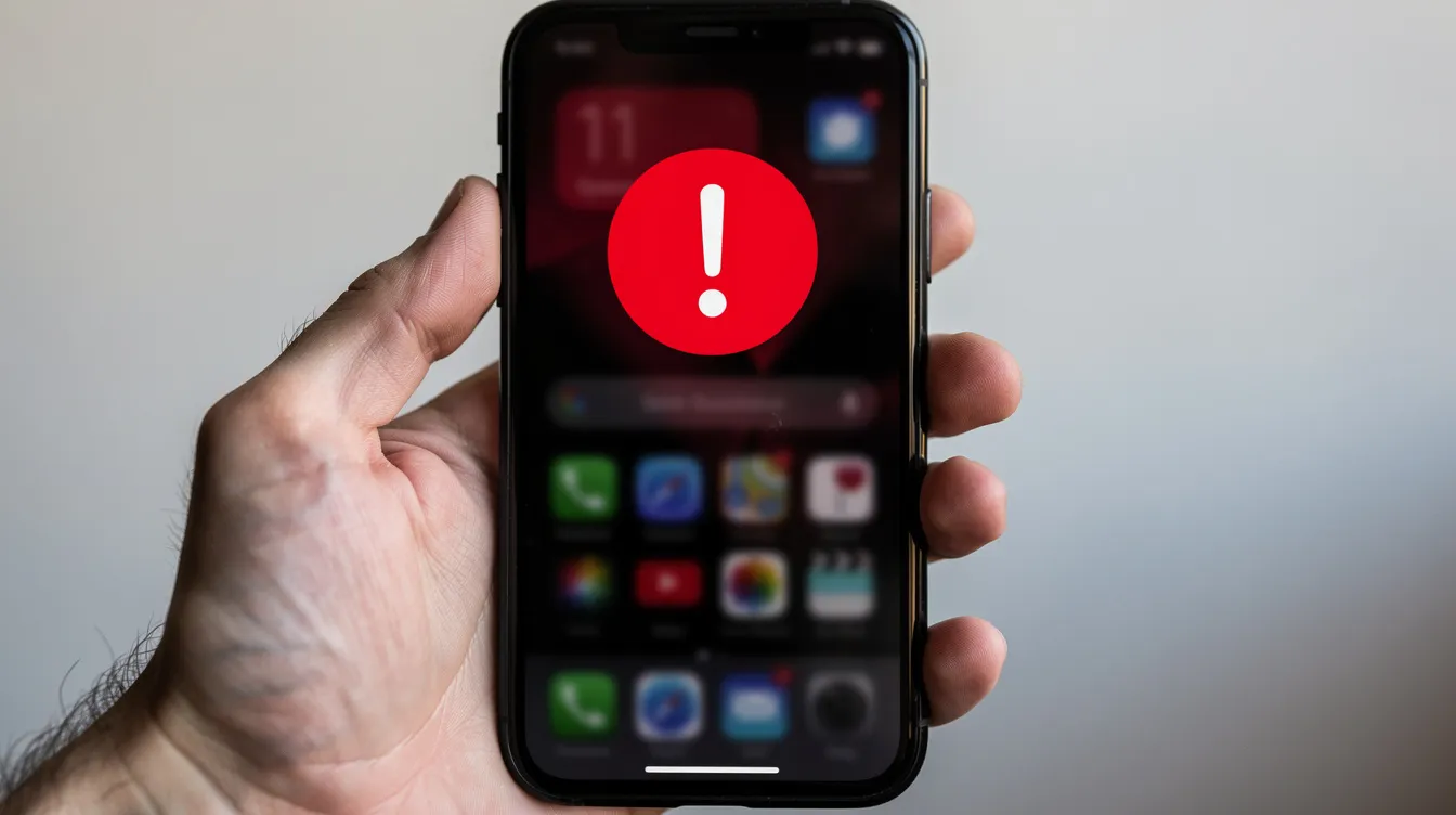 A close-up of a hand holding a smartphone that displays a warning notification icon, indicating potential scams or security threats related to personal data and fraudulent activities. The image emphasizes the importance of being cautious with suspicious messages and links, particularly in messaging apps like WhatsApp.
