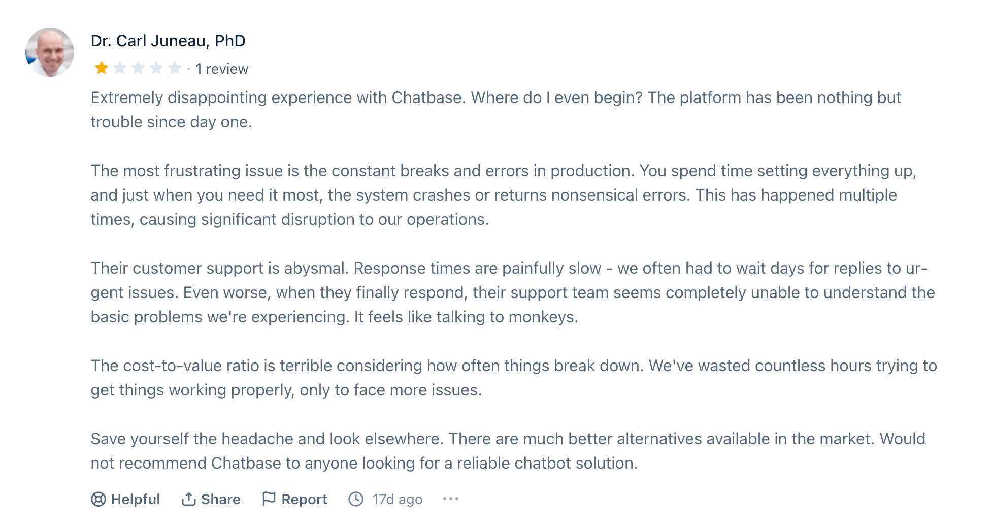 Recent ProductHunt review of Chatbase.