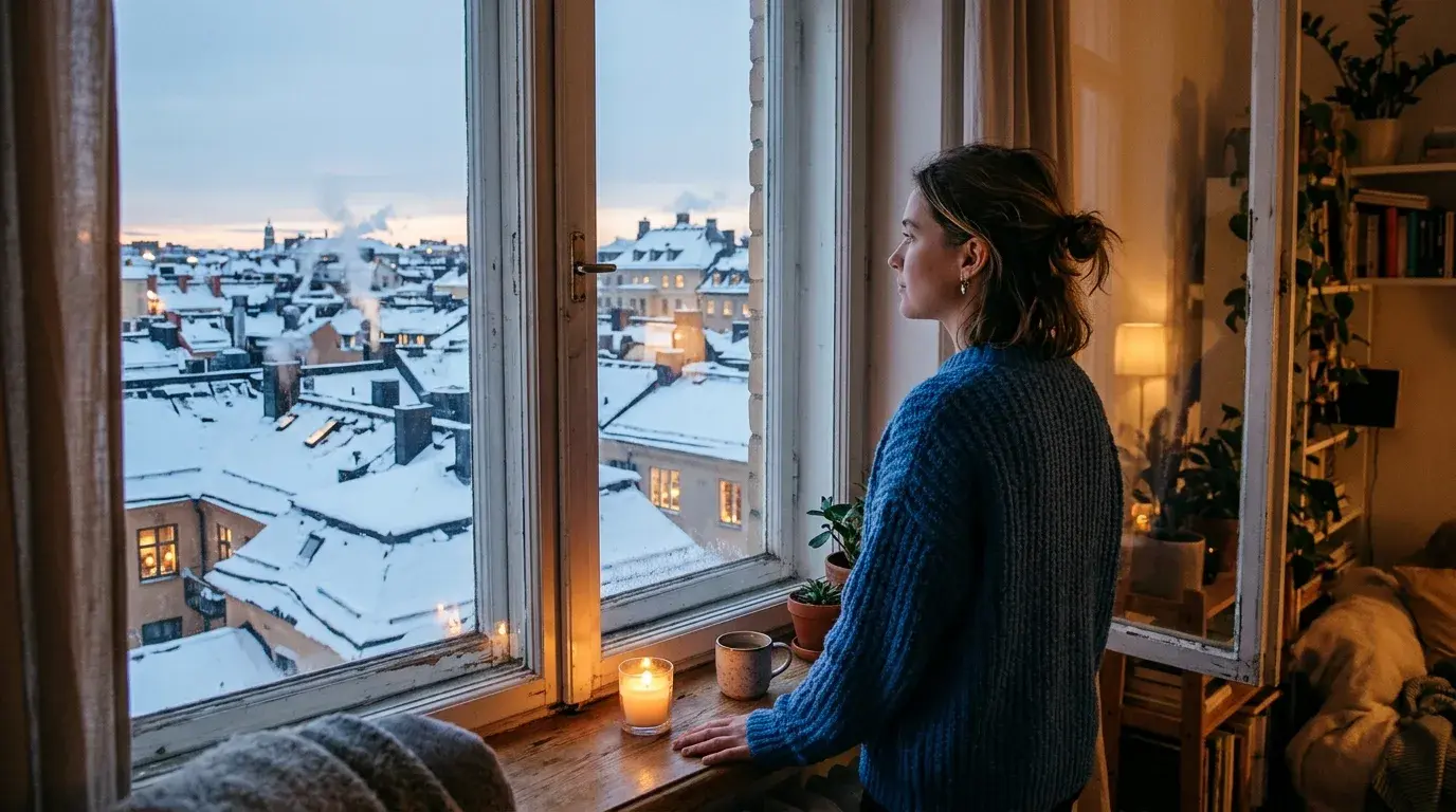 Woman looking out of a window over snowy rooftops on her first evening in Norway