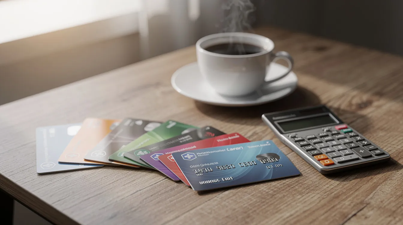 The image features multiple credit cards fanned out on a table, accompanied by a calculator and a cup of coffee, suggesting a scene of financial planning or debt management. This setup reflects activities related to 二線 財務 and may involve considerations of 債務 重組 or personal loan applications.