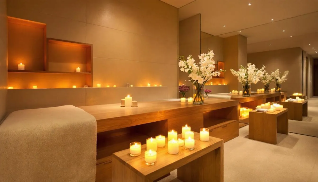 An elegant hotel spa treatment room is adorned with soft candlelight and vibrant flowers, creating a serene atmosphere ideal for wellness travelers seeking relaxation. This luxurious space is perfect for hotel guests looking to indulge in rejuvenating spa treatments amidst a calming ambiance.
