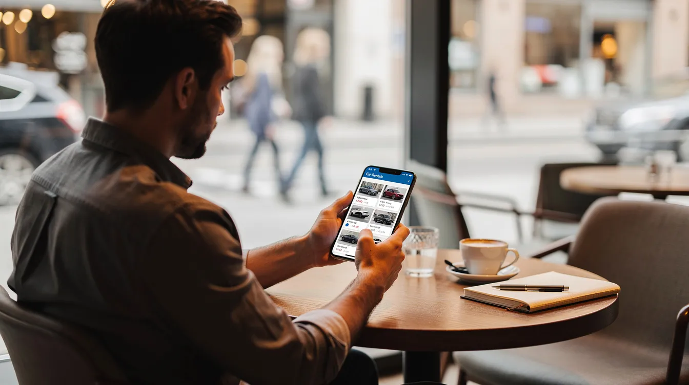 Una persona al tavolo di un bar consulta offerte di noleggio auto sullo smartphone.