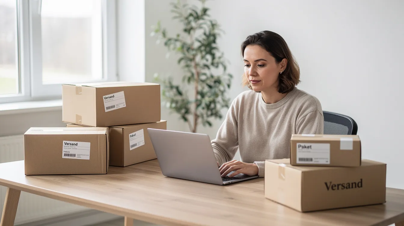 Eine Person sitzt an einem hellen Schreibtisch in einem Homeoffice und arbeitet an einem Laptop, während sie Versandkartons um sich herum hat. Diese Szene könnte für einen Verkäufer auf eBay typisch sein, der Artikel für den Online-Handel vorbereitet und sich auf den Versand und Kundenservice konzentriert.