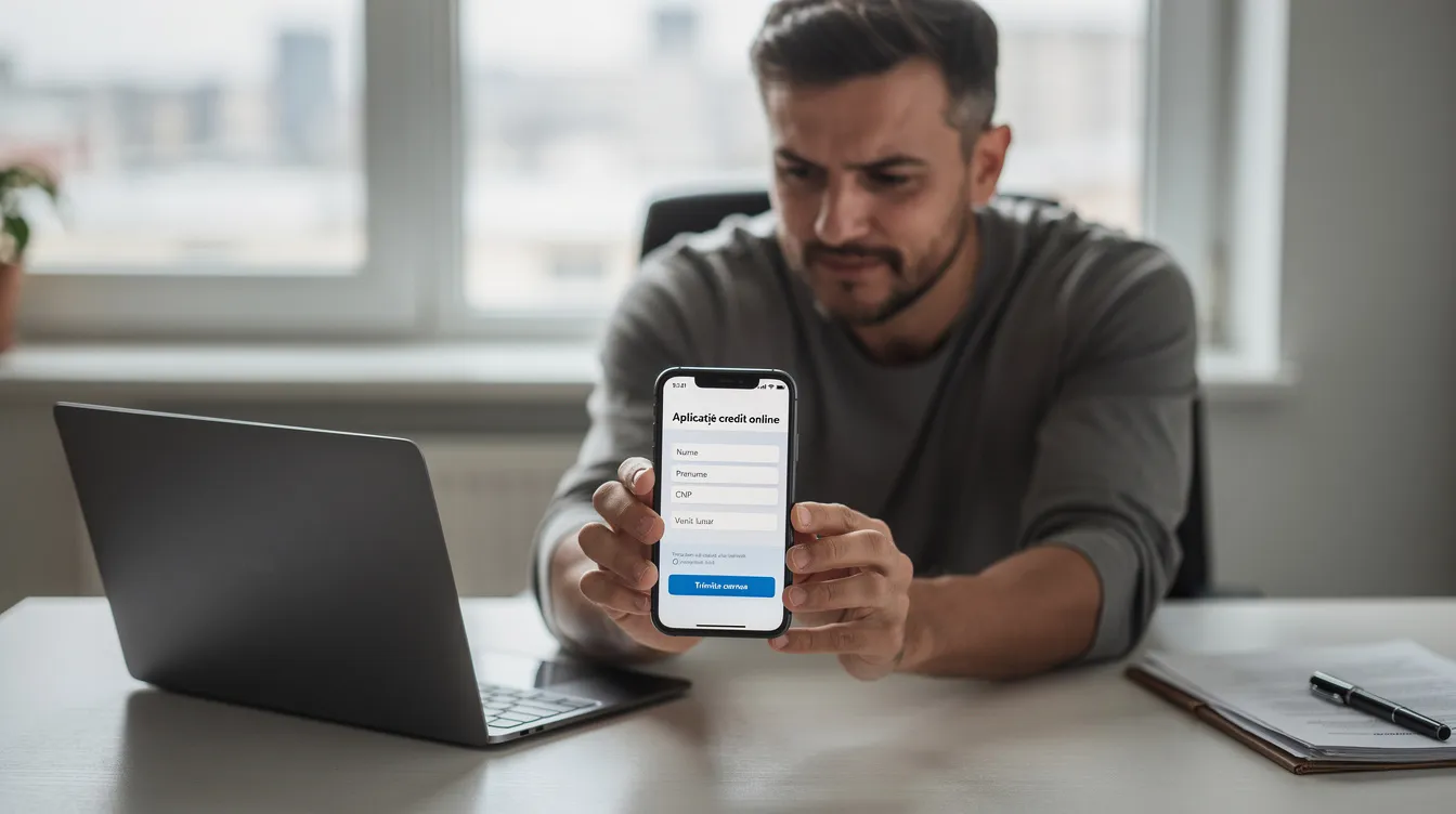 O persoană stă într-un mediu confortabil, utilizând telefonul mobil pentru a completa o aplicație de credit online, având în vedere nevoile personale și istoricul de credit. Aceasta pare concentrată pe procesul de solicitare a unui împrumut, căutând soluții financiare rapide.