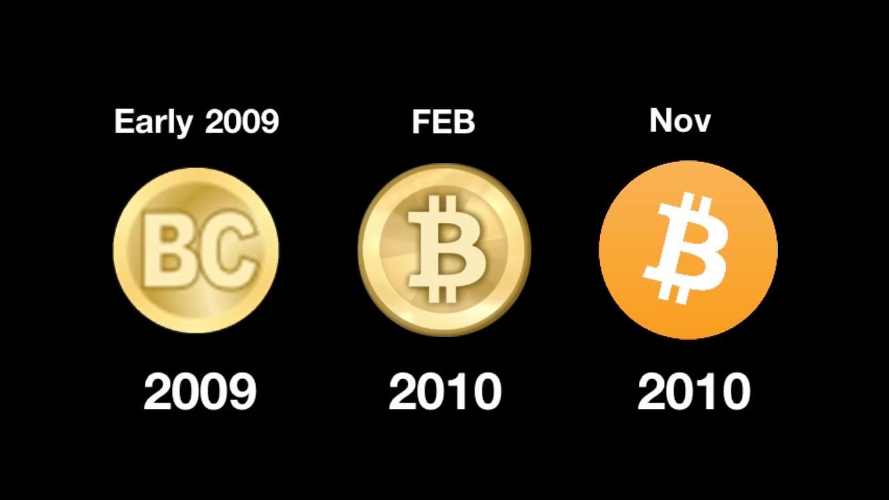 An image showcasing the evolution of the Bitcoin logo. 