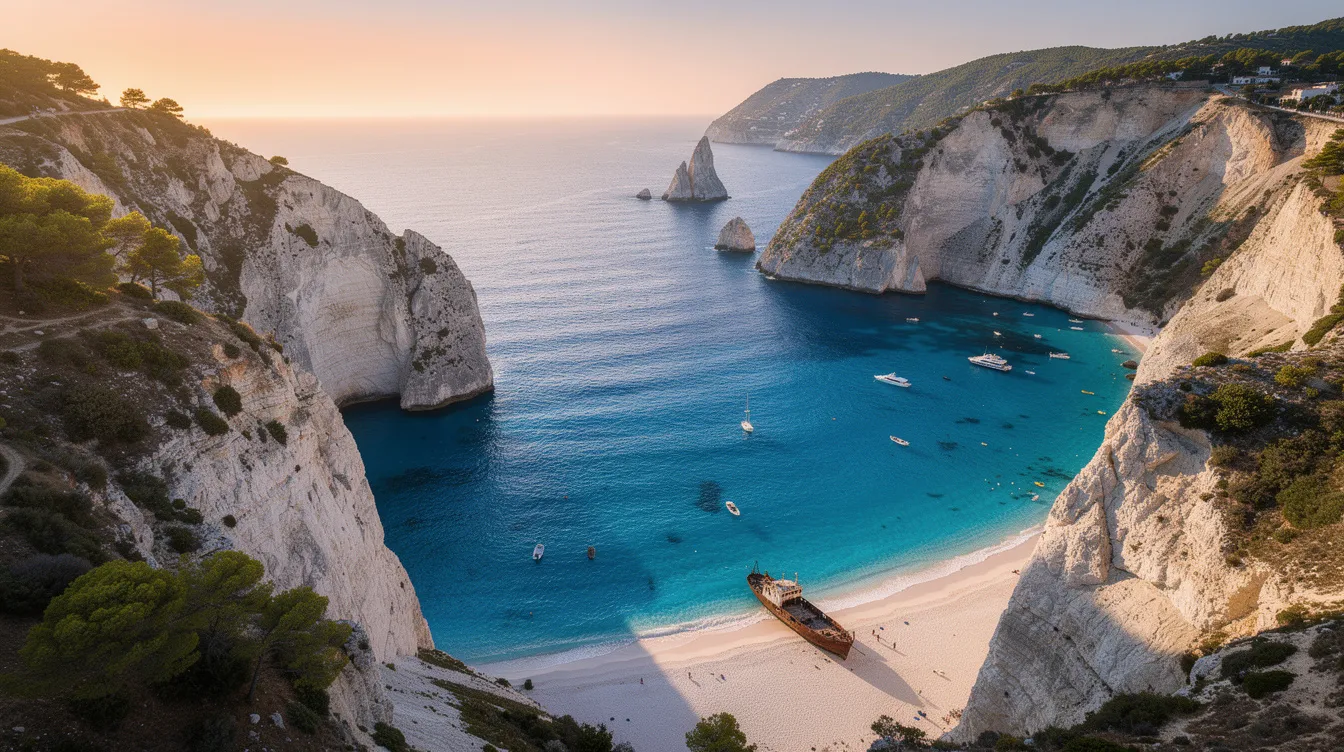 A imagem mostra a bela ilha de Zakynthos, destacando o famoso Navagio Beach, cercado por altas rochas brancas e águas azul-turquesa. Ao fundo, é possível ver as cavernas azuis que são uma atração popular na região, tornando o cenário ainda mais deslumbrante.