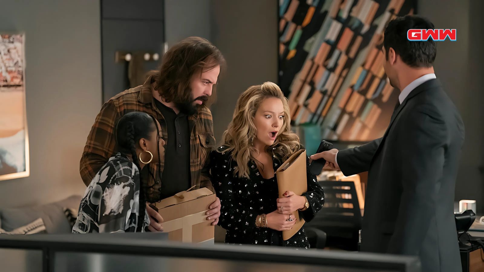 Jazz Raycole as Izzy Letts, Angus Sampson as Cisco Wojciechowski, Becki Newton as Lorna Crane, and Manuel Garcia-Rulfo as Mickey Haller in Lincoln Lawyer Season 3.