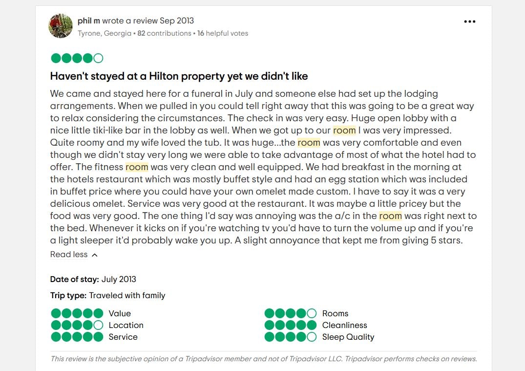 Image of a review written by a user for doubletree lexington