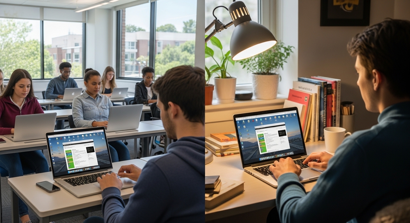 University students accessing identical cloud desktop environments from classroom and home.