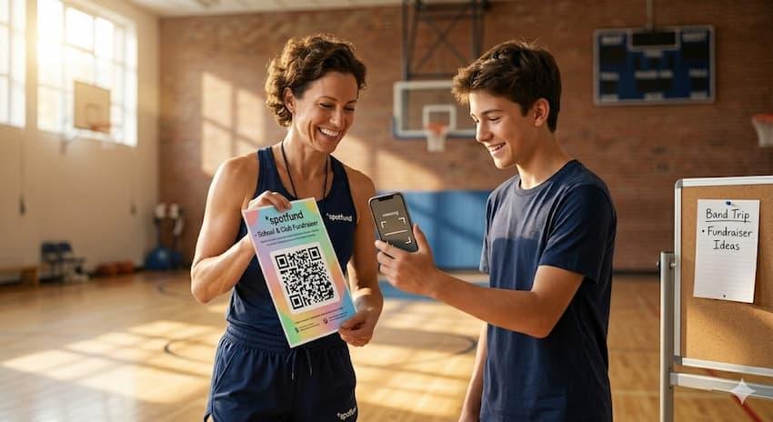 Using QR codes from a school crowdfunding platform to raise money at a sports event.