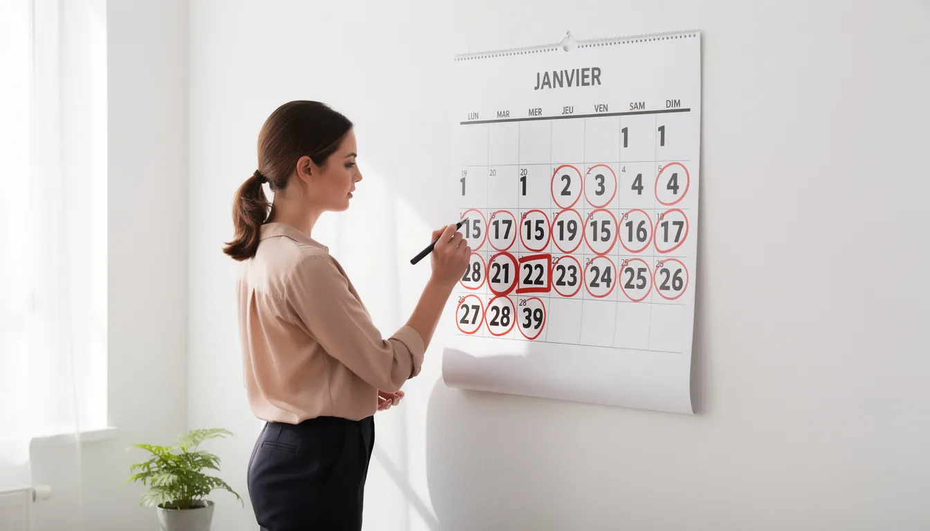 Une femme consulte un calendrier où certaines dates sont entourées, probablement pour suivre son cycle menstruel et anticiper l'arrivée de ses règles. Ce moment peut être lié à des préoccupations sur le déclenchement des règles ou des remèdes de grand-mère pour réguler son cycle.