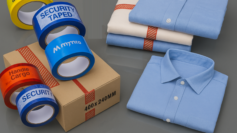 Apparel packaging boxes sealed with security tapes, placed next to neatly folded shirts 