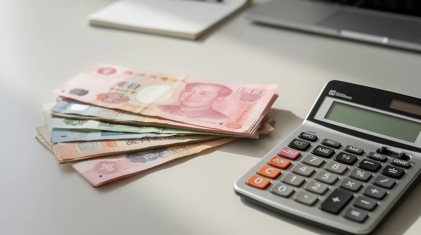 The image shows a collection of Hong Kong dollar banknotes arranged next to a calculator on a clean, organized desk, suggesting a focus on financial calculations and budgeting. This setup may imply considerations for personal loans or financial assessments related to 免 tu 貸款.