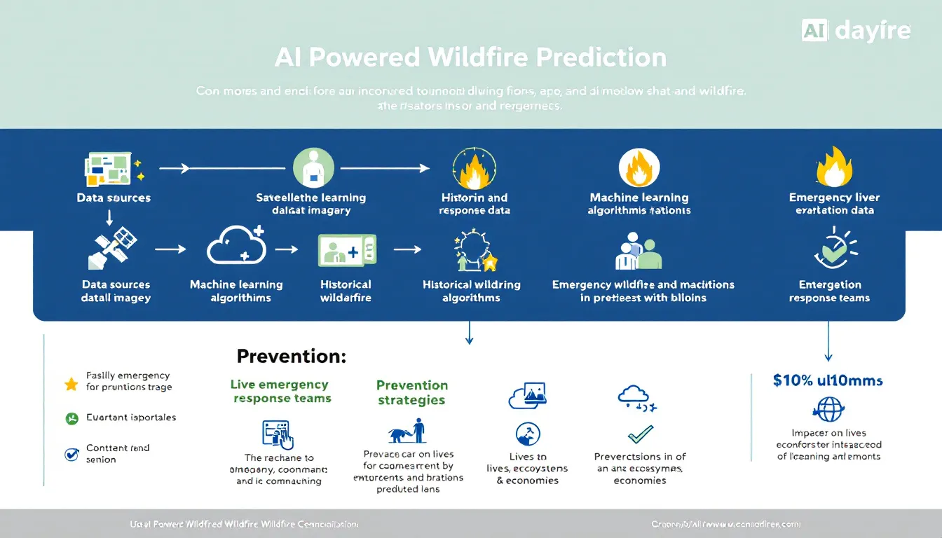The image illustrates the concept of AI-powered wildfire prediction models, showcasing a blend of satellite imagery and machine learning technologies used to accurately predict wildfire spread and behavior. It emphasizes the importance of gathering historical wildfire data to enhance emergency response and wildfire prevention efforts in fire-prone areas, particularly in the western United States.